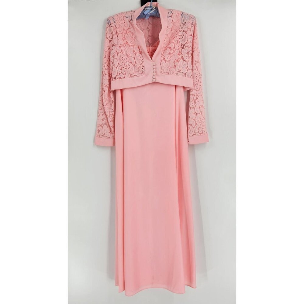 Vintage L.S. Ayers Pink Maxi Dress Lace Jacket Size 12 Mother of the Bride - Picture 1 of 11